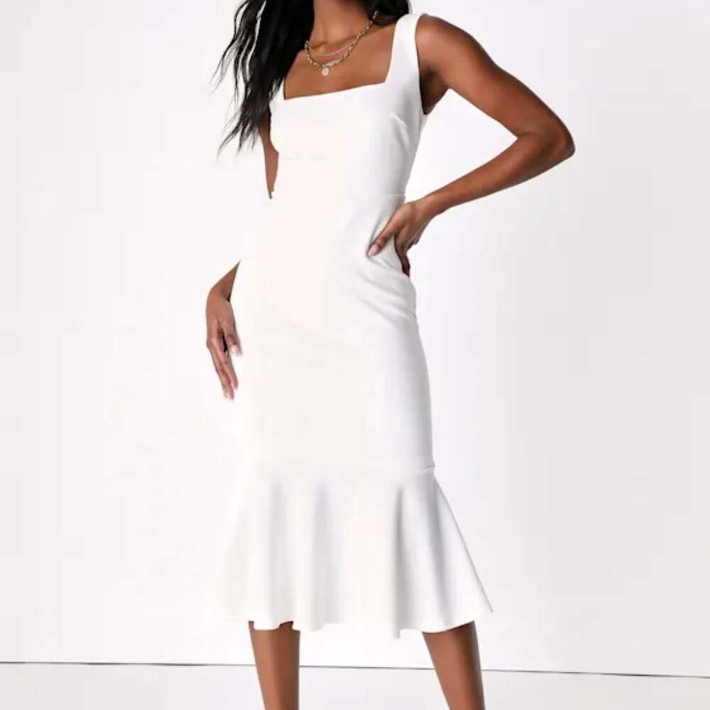 Lulus Square Neck Trumpet Midi Cocktail Dress Women's Large White Bride Bach